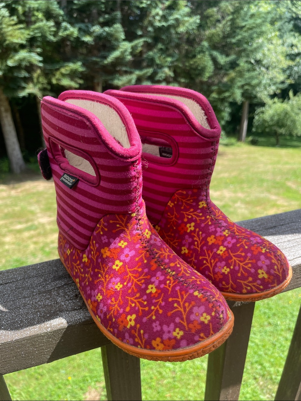 Bogs Kids Floral Stripe Winter Boots - Pink and Magenta